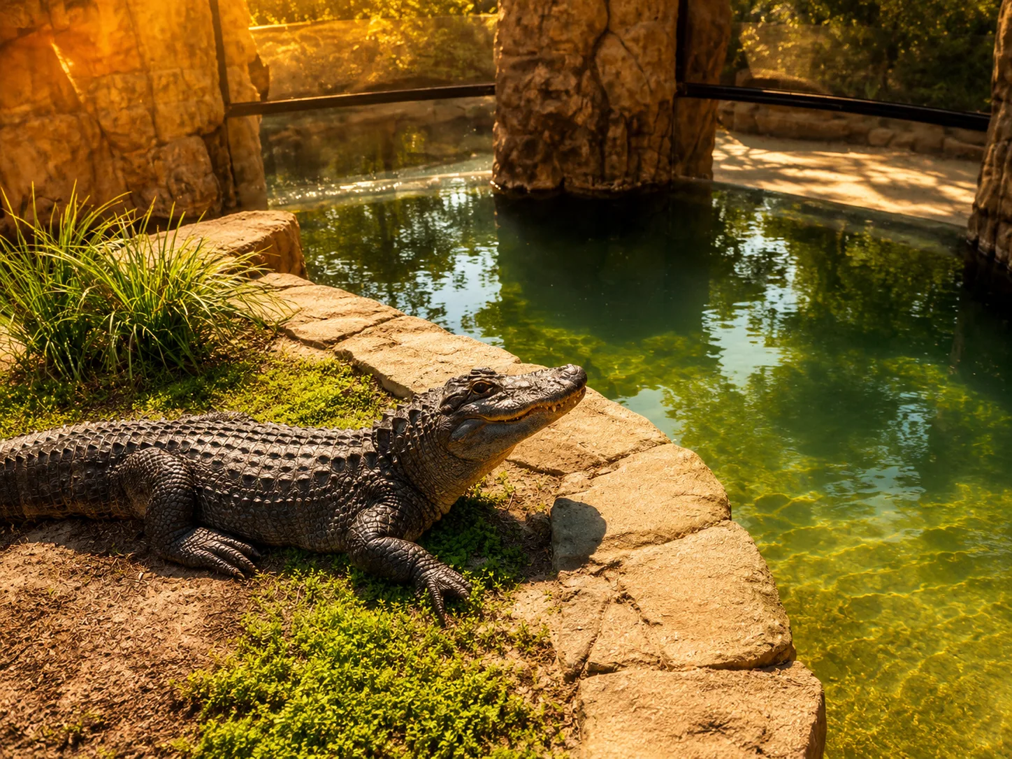 Bayou the alligator resting beside the habitat pool in warm afternoon light.