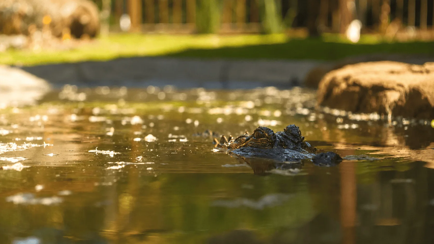 Bayou the alligator floating at the surface of his habitat pool in warm afternoon light.