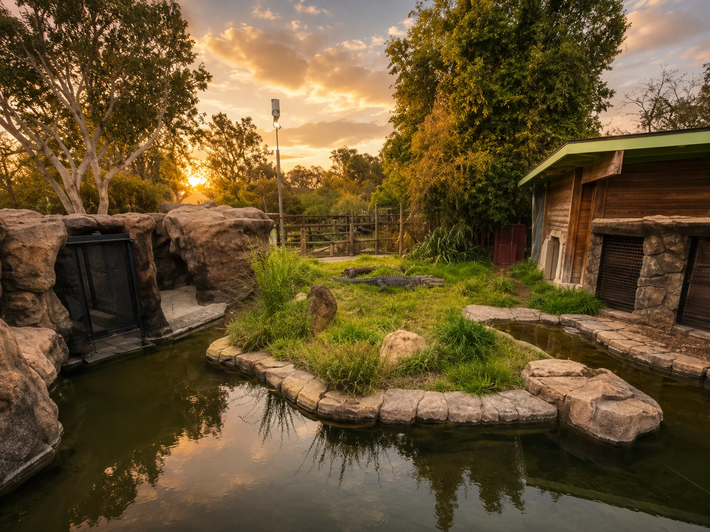 Bayou’s completed habitat at Happy Hollow Park and Zoo, with connected pools, planted land, rockwork, and a night house.