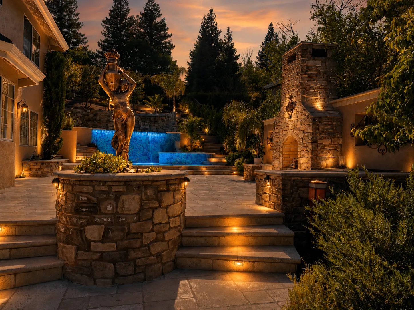 A bronze statue centered in the completed multi-level garden at dusk, with illuminated stone terraces, a blue-tiled waterfall, and an outdoor fireplace.