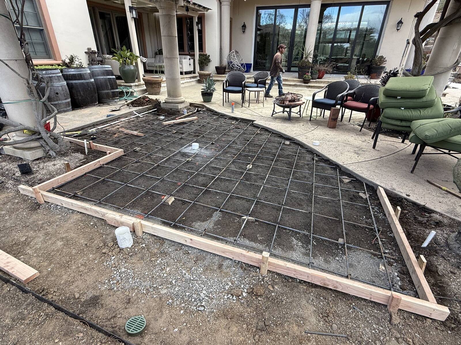 Reinforcement and subgrade preparation for the lower gathering terrace.