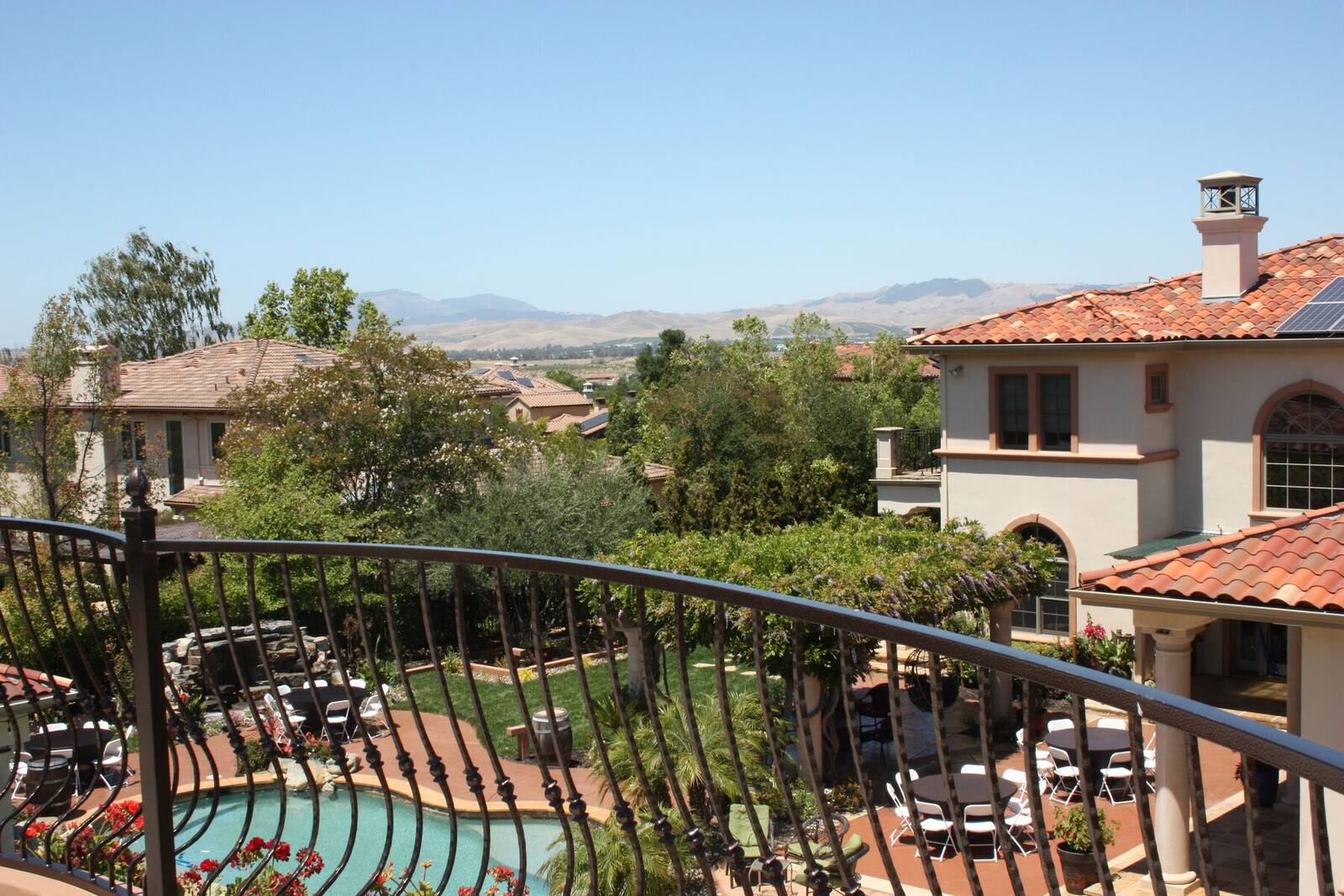 The estate and distant hills viewed from the upper terrace.